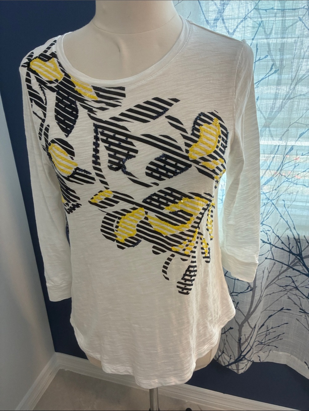 Chico’s Women’s White Floral-Print Long Sleeve Top with Yellow Accents